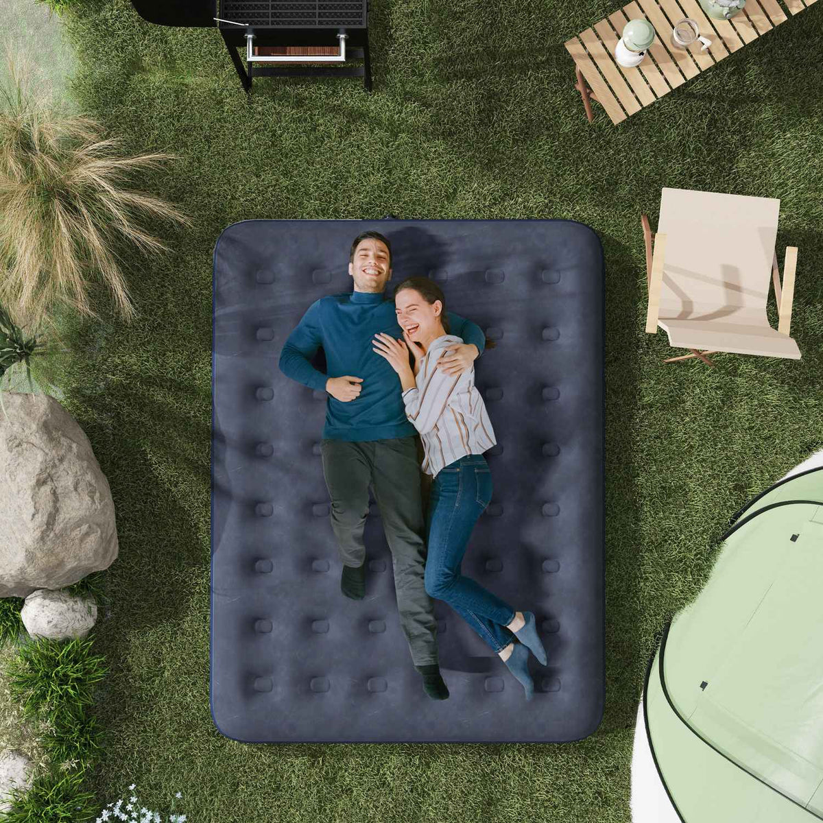 Air Bed Folding Double Camping Bed, Dark Blue, 203X152X22Cm