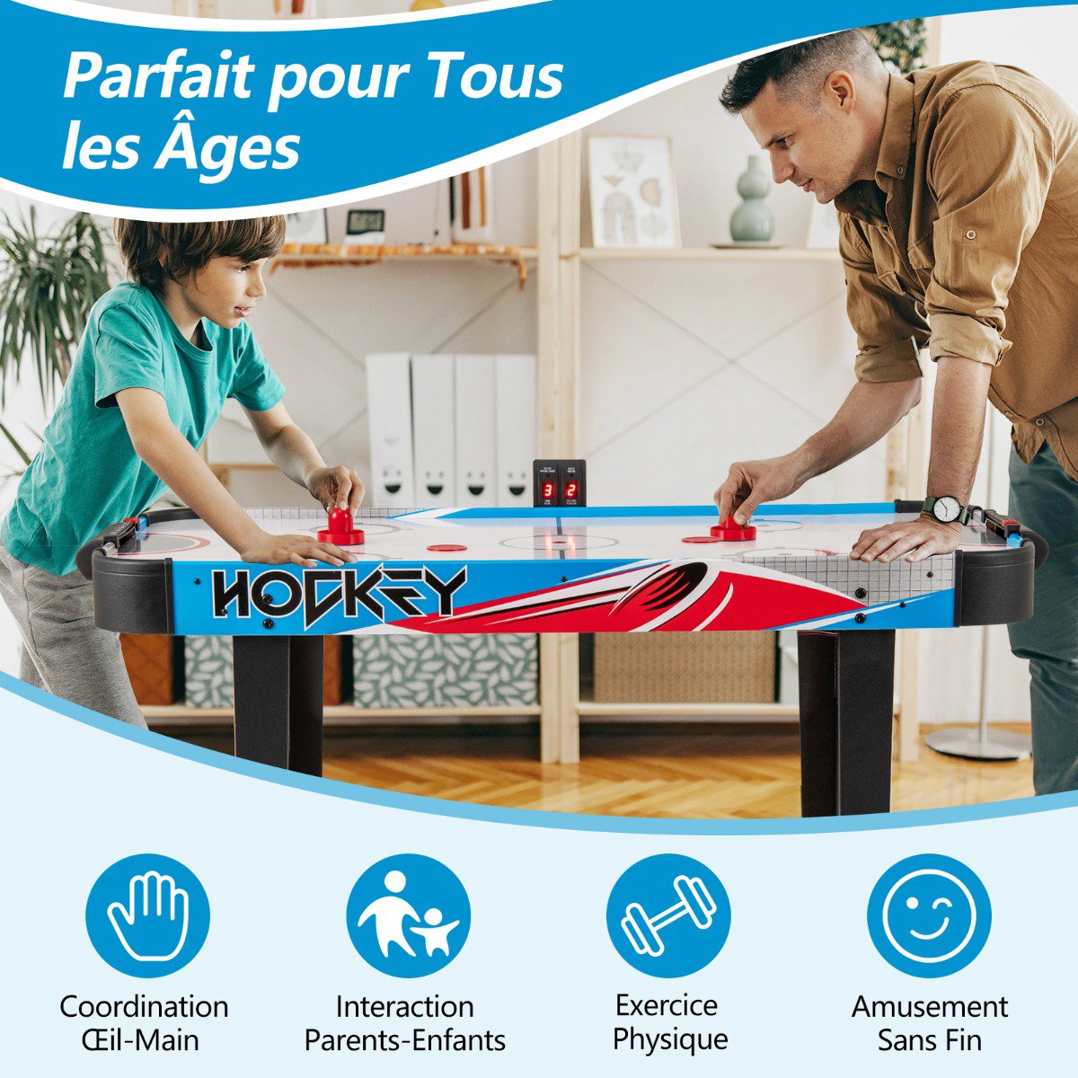 Air Hockey Table 48 Inch, LED Scoreboard, 12V Fan