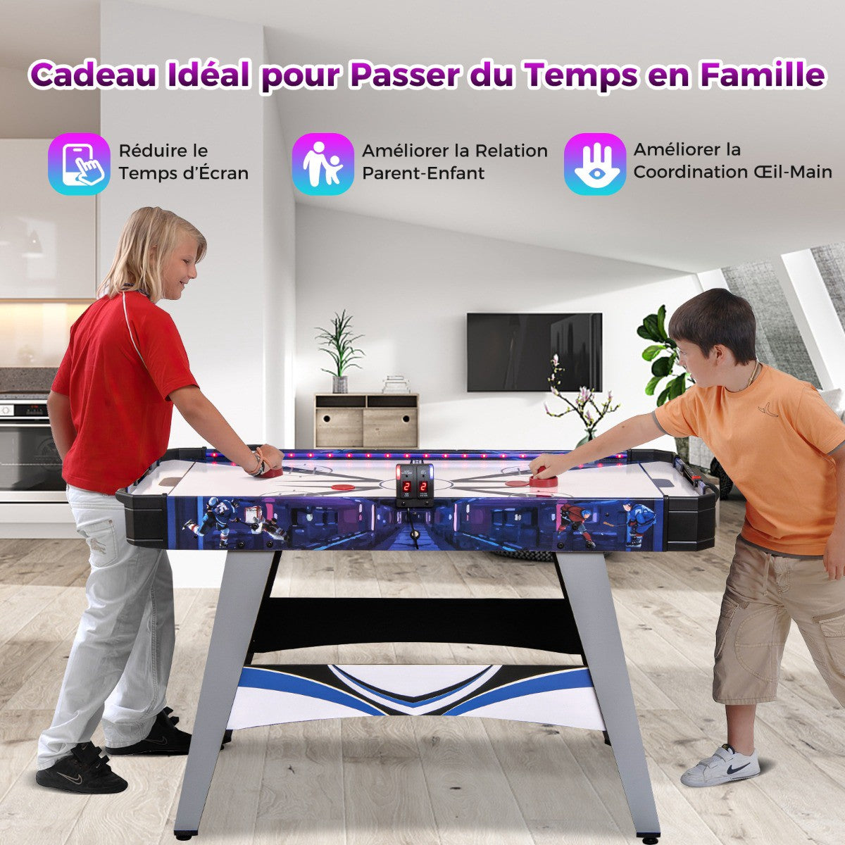 Air Hockey Table With 12V Fan, LED Scorer, White