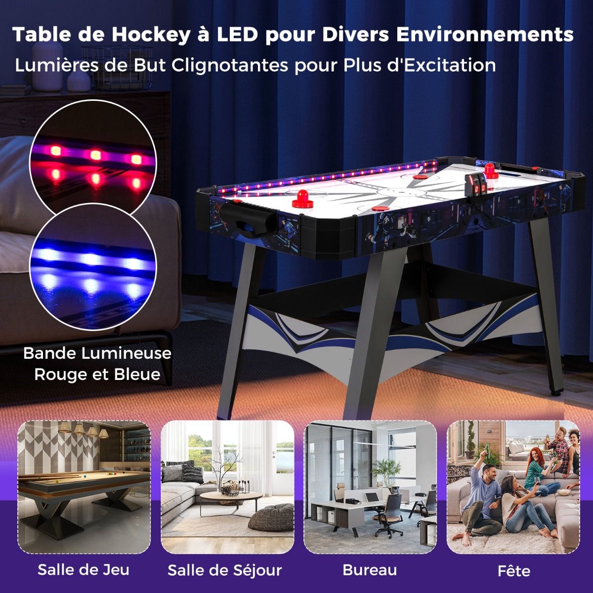 Air Hockey Table With 12V Fan, LED Scorer, White