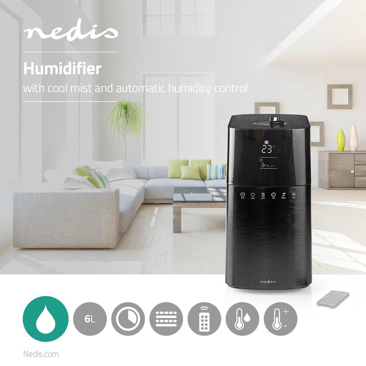 Air Humidifier | 30 W | With Cool Mist | 6 l | Hygrometer | Timer | Suitable for space up to: 50 m² | Remote control | Black