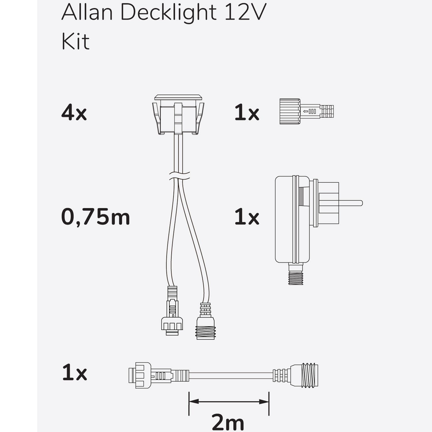 Allan Decklight kit 4-pack incl power adapter 12V 3000K 10lm IP67
