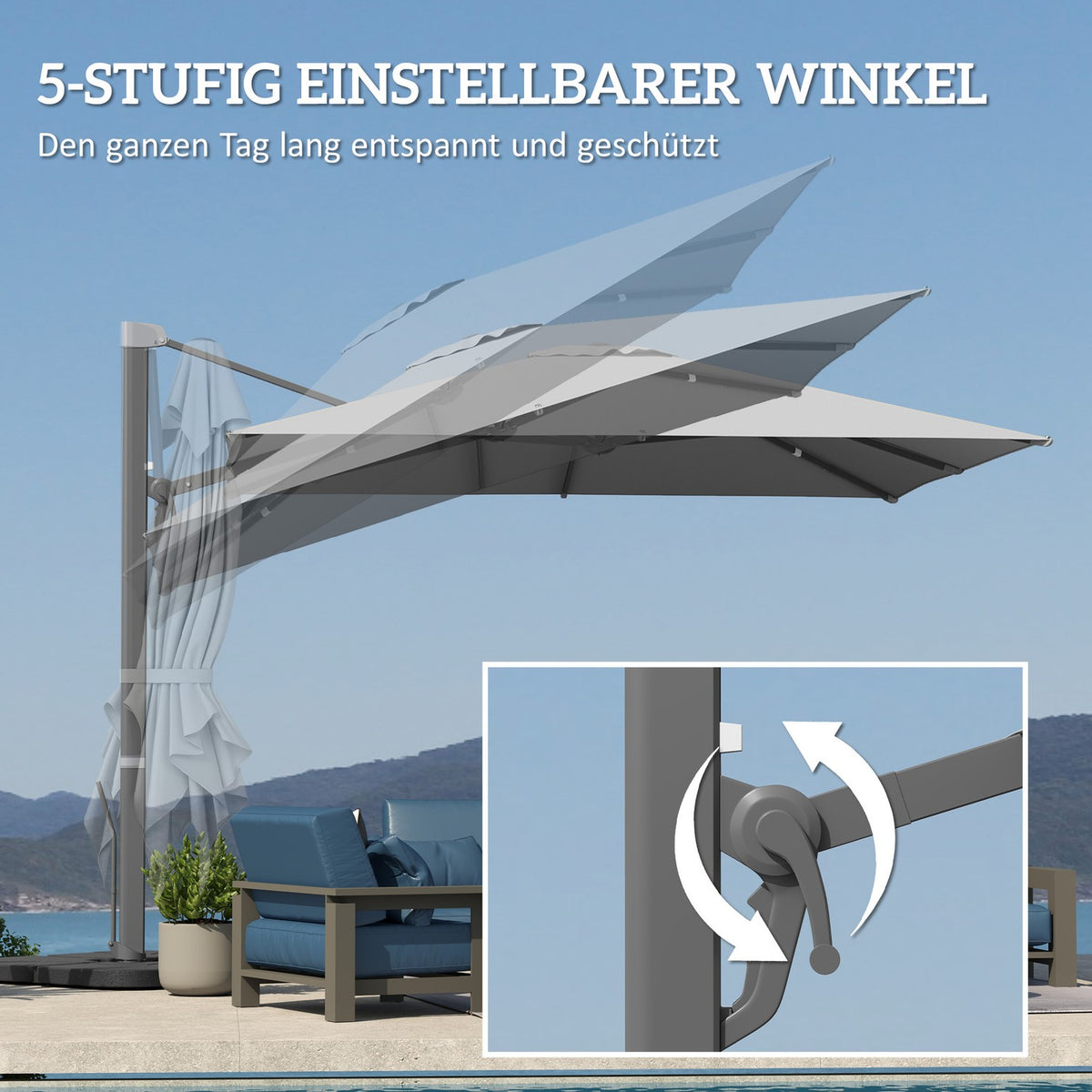Aluminum Cantilever Umbrella 3 x 3 m 360° Rotating Parasol with Crank Stand Tiltable Water-Repellent Market Umbrella Height-Adjustable Garden Umbrella Crank Umbrella Sun Protection for Garden Balcony Light Gray