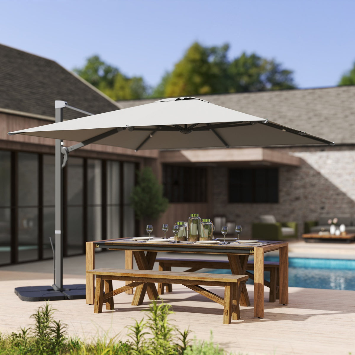 Aluminum Cantilever Umbrella 3 x 3 m 360° Rotating Parasol with Crank Stand Tiltable Water-Repellent Market Umbrella Height-Adjustable Garden Umbrella Crank Umbrella Sun Protection for Garden Balcony Light Gray