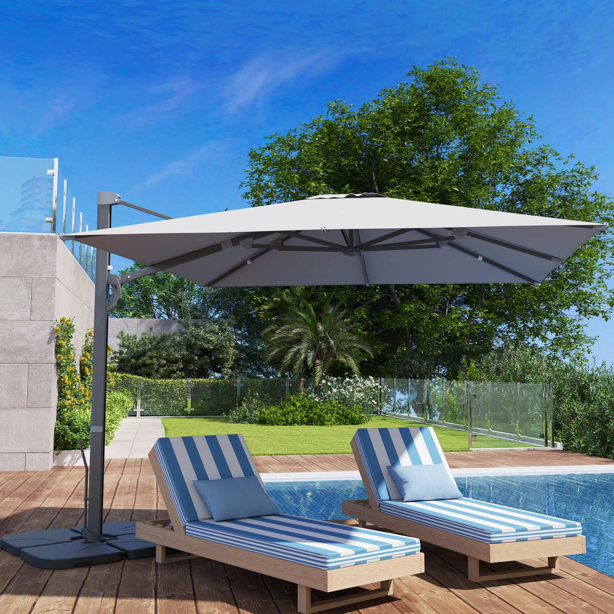 Aluminum Cantilever Umbrella 3 x 3 m 360° Rotating Parasol with Crank Stand Tiltable Water-Repellent Market Umbrella Height-Adjustable Garden Umbrella Crank Umbrella Sun Protection for Garden Balcony Light Gray
