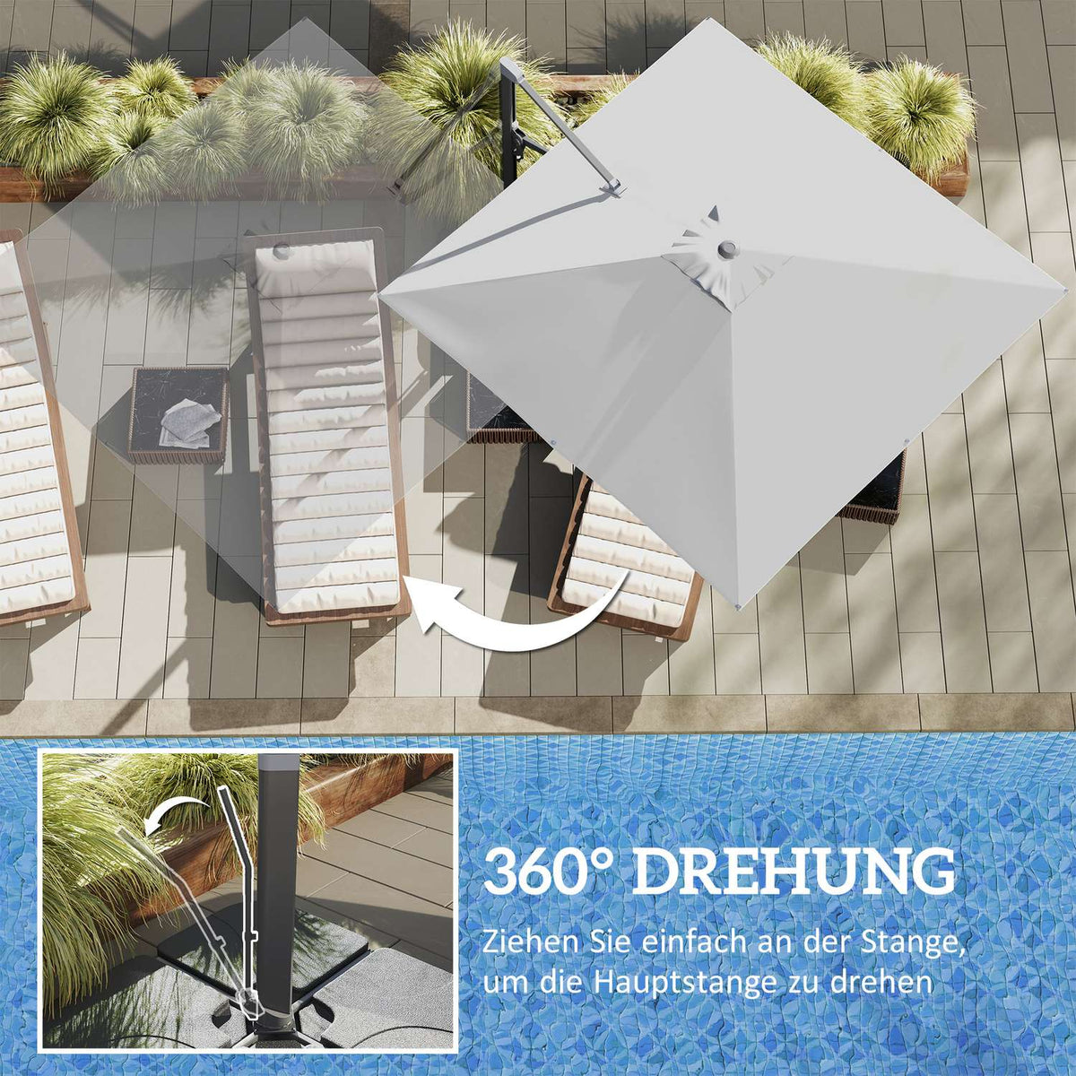 Aluminum Cantilever Umbrella 3 x 3 m 360° Rotating Parasol with Crank Stand Tiltable Water-Repellent Market Umbrella Height-Adjustable Garden Umbrella Crank Umbrella Sun Protection for Garden Balcony Light Gray