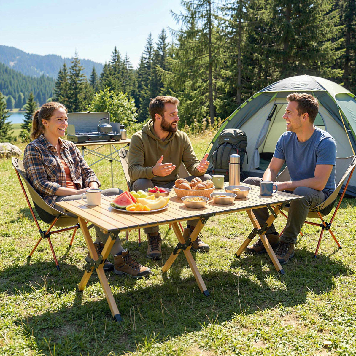 Aluminum Folding Camping Table, 117x60 cm, Roll-Up Wood Look