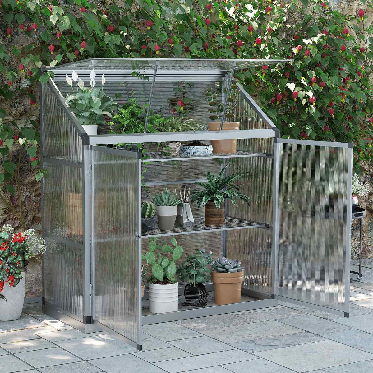 Aluminum Greenhouse With Foundation Frame, 3 Levels Cold Frame, 131X58X139.5Cm, Greenhouse Plant House