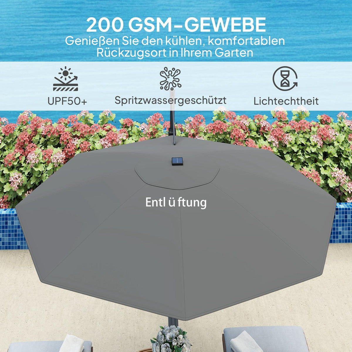Aluminum Parasol LED Solar Diameter 300 cm Height Adjustable Parasol with Crank Stand UV50+ Water-Repellent 360° Rotatable Market Umbrella Tiltable Garden Umbrella Sun Protection for Garden Balcony Dark Gray |