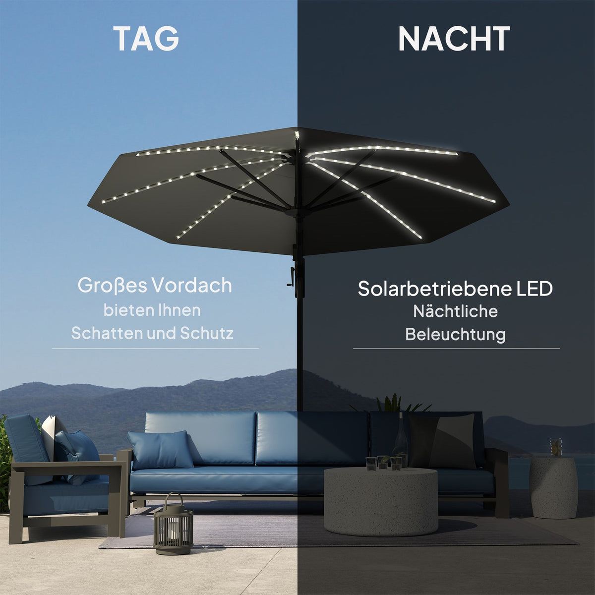 Aluminum Parasol LED Solar Diameter 300 cm Height Adjustable Parasol with Crank Stand UV50+ Water-Repellent 360° Rotatable Market Umbrella Tiltable Garden Umbrella Sun Protection for Garden Balcony Dark Gray |