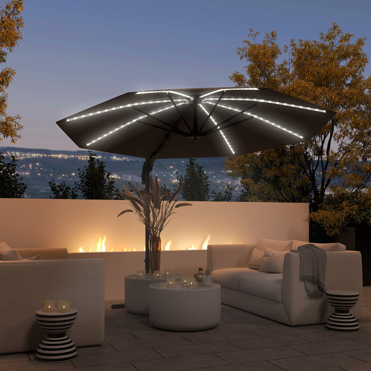 Aluminum Parasol LED Solar Diameter 300 cm Height Adjustable Parasol with Crank Stand UV50+ Water-Repellent 360° Rotatable Market Umbrella Tiltable Garden Umbrella Sun Protection for Garden Balcony Dark Gray |