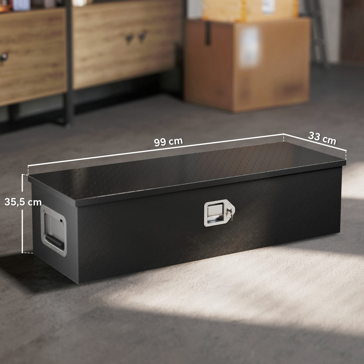 Aluminum Storage Box with Side Handles, Lock and Keys, Truck Tool Box, Trailer Storage Box, 99 x 33 x 25.5 cm, Black
