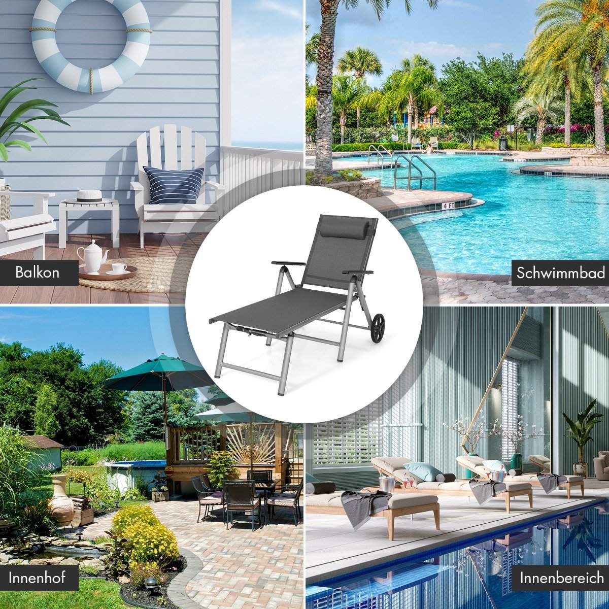 Aluminum deck chair with wheels Folding sun lounger 137.5 x 75 x 23.5 cm Gray