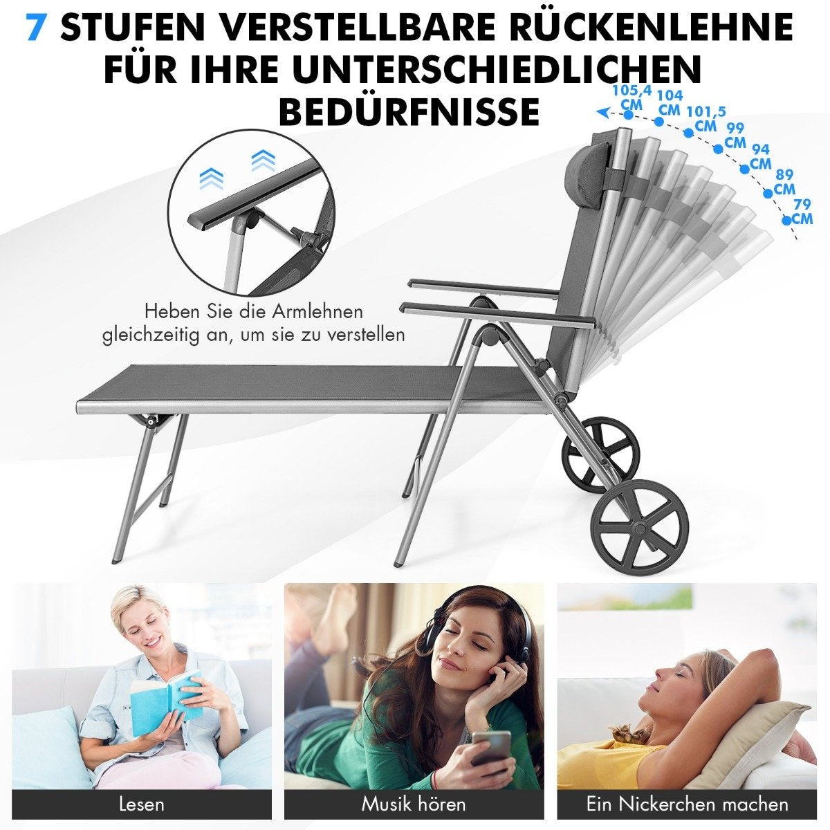 Aluminum deck chair with wheels Folding sun lounger 137.5 x 75 x 23.5 cm Gray