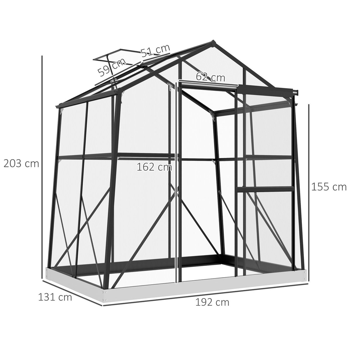 Aluminum greenhouse 2.51 m² with window & sliding door, black greenhouse with foundation 131x192x203cm for garden