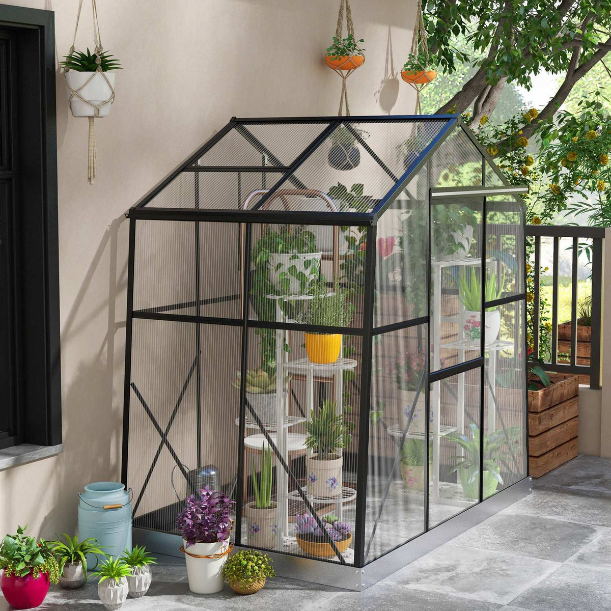 Aluminum greenhouse 2.51 m² with window & sliding door, black greenhouse with foundation 131x192x203cm for garden