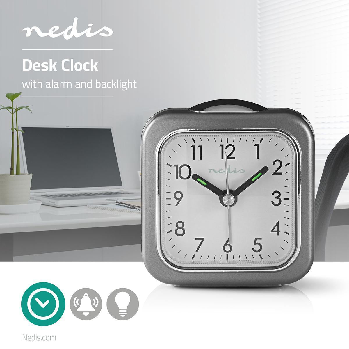 Analog Desk Alarm Clock | Snooze function | Backlighting | Grey/White