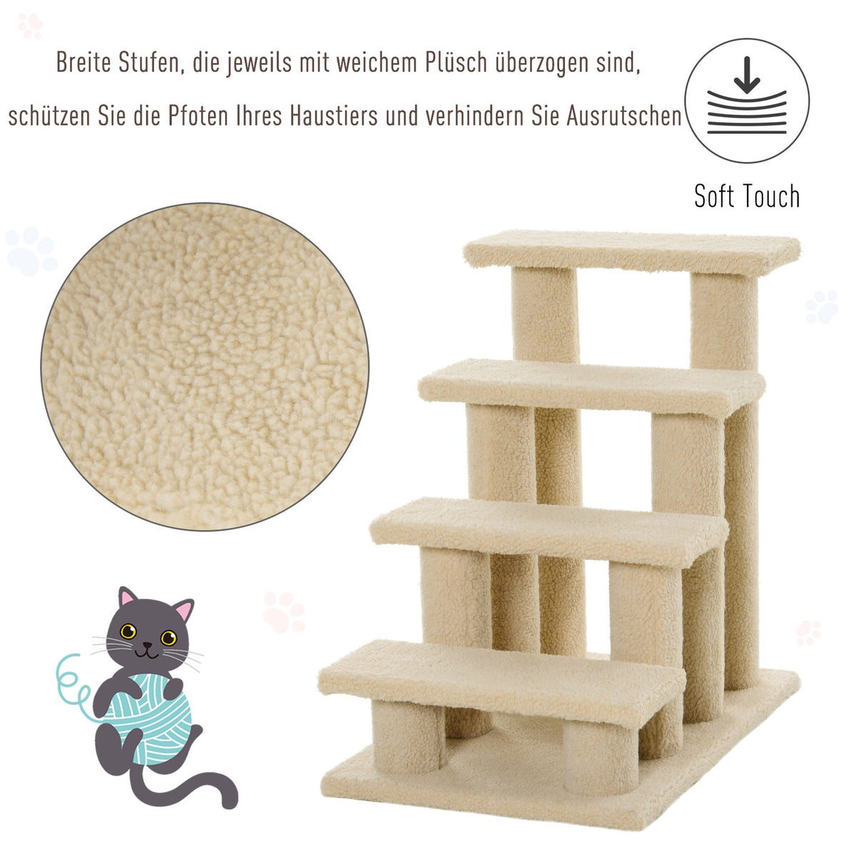 Animal Stairs Dogs Cats 4-Step Plush Beige 63.5X43X60Cm