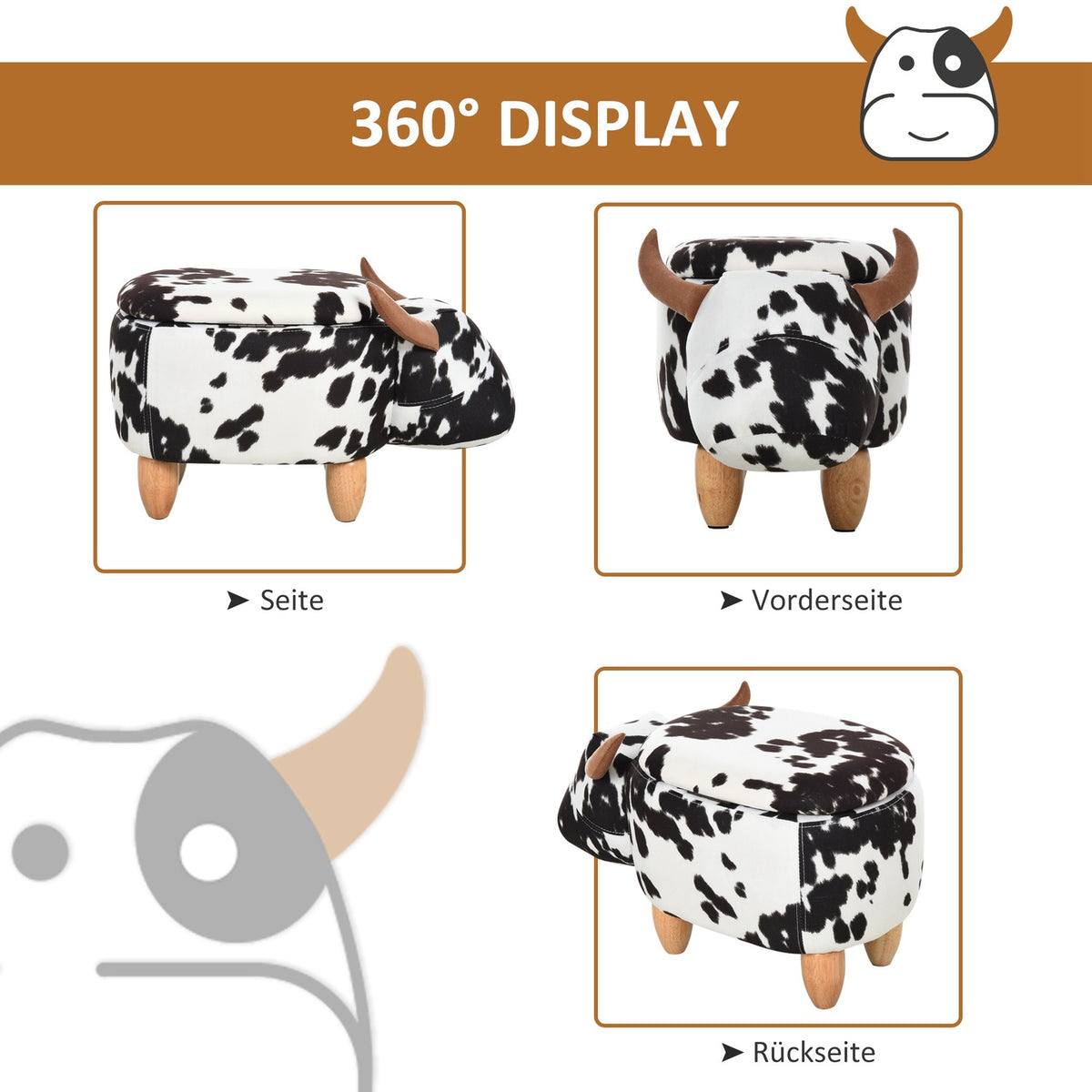 Animal Stool Decorative Stool With Storage Space, Upholstered Stool In Pig Design, Black+White, 62X35X36Cm