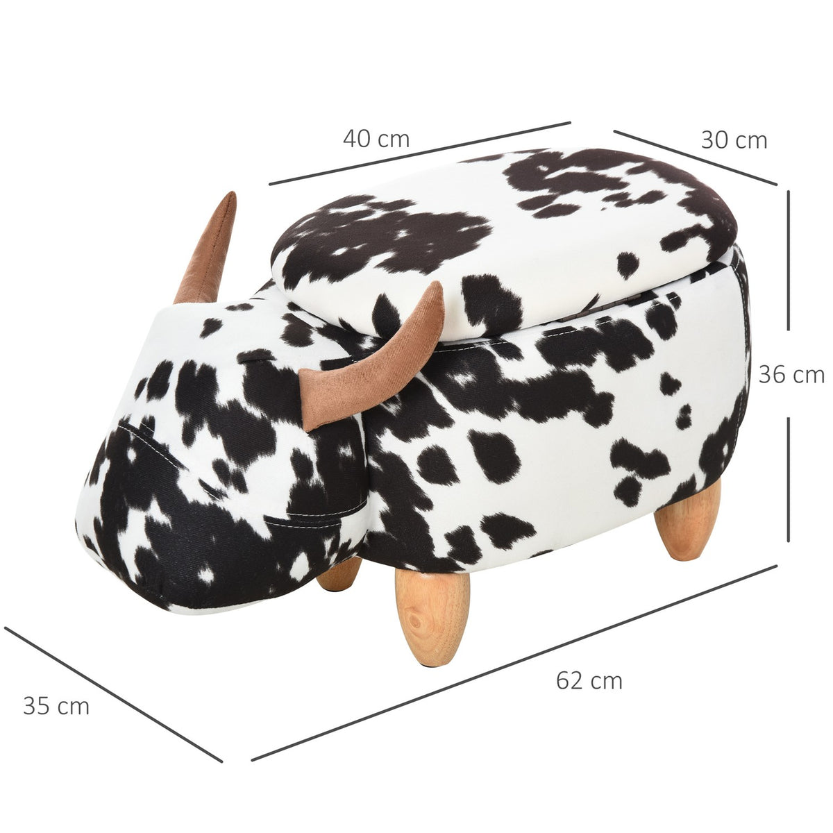 Animal Stool Decorative Stool With Storage Space, Upholstered Stool In Pig Design, Black+White, 62X35X36Cm