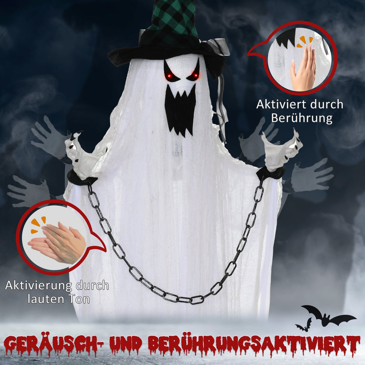 Animated Halloween Prop – Shaking Ghost with Red Eyes