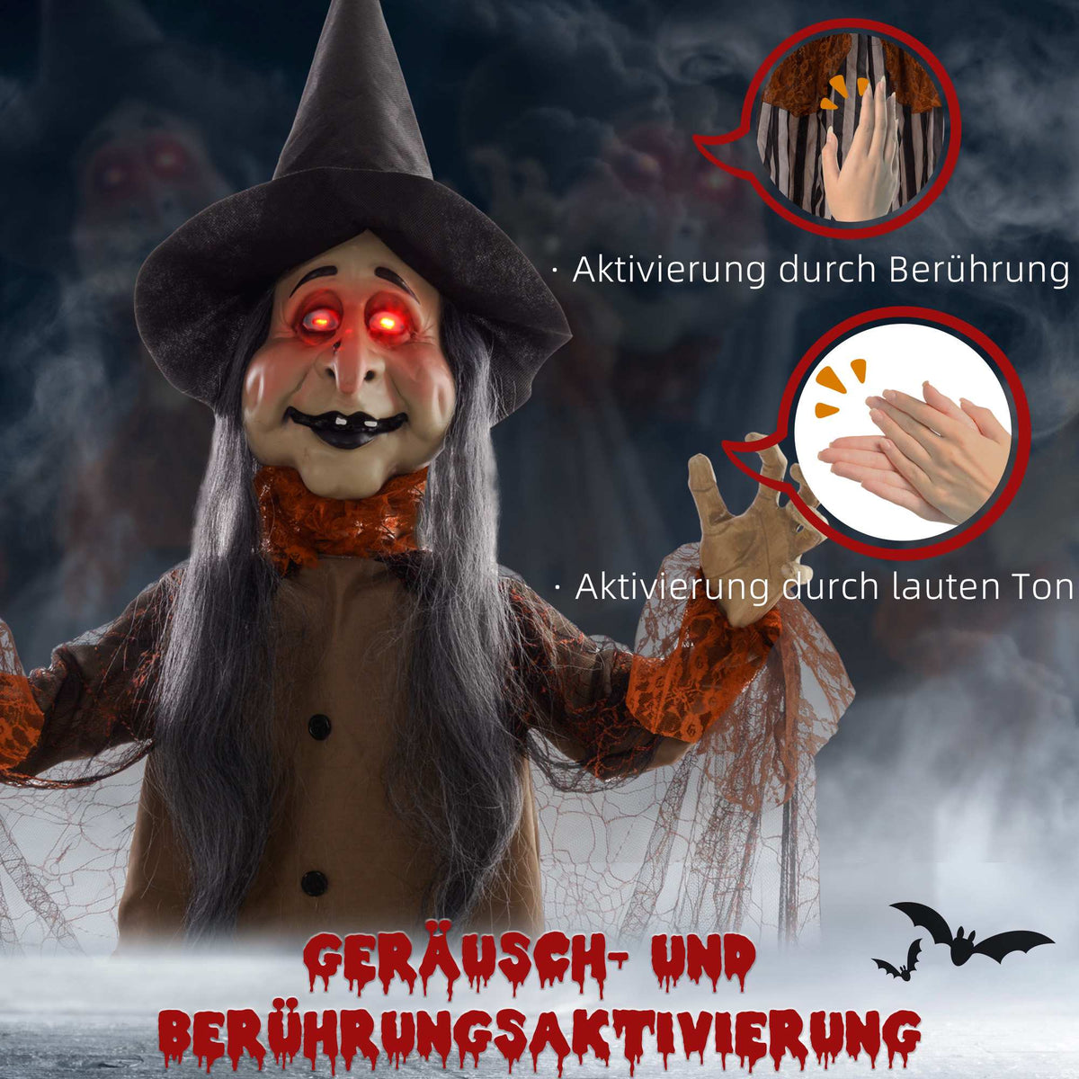 Animated Halloween Witch Decoration with Red Eyes, 183 cm