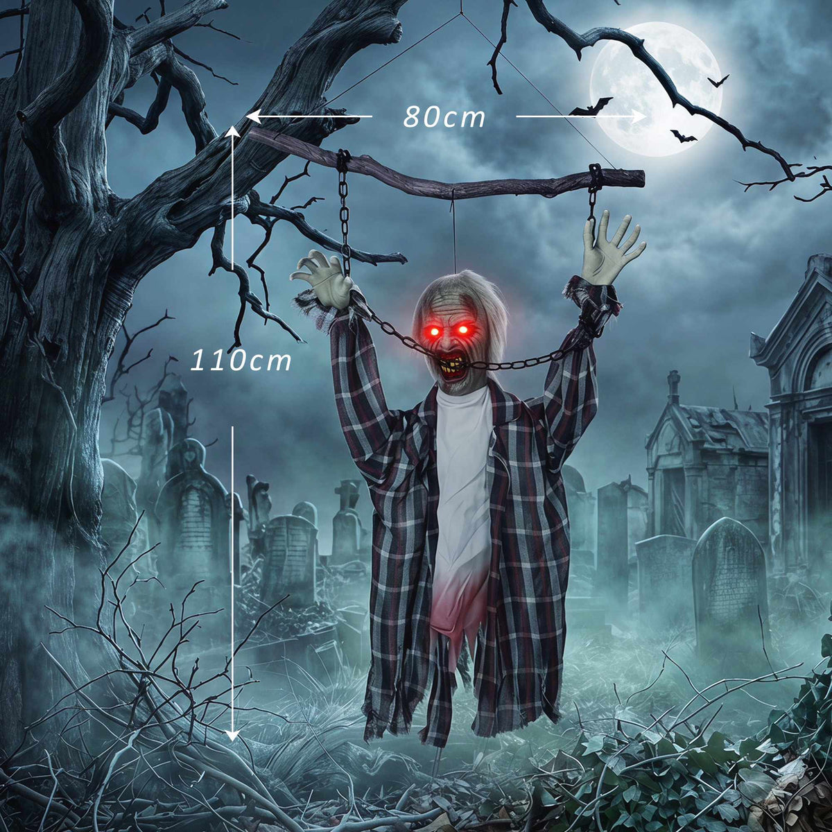 Animated Hanging Zombie Halloween Decor, 110 cm, Red LED Eyes