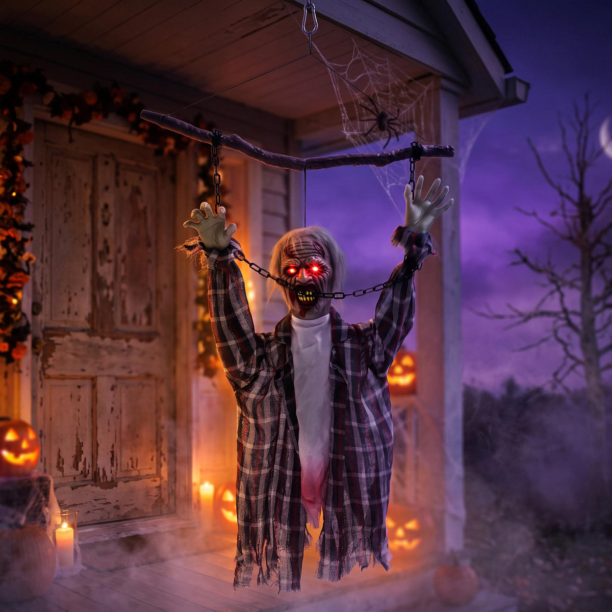 Animated Hanging Zombie Halloween Decor, 110 cm, Red LED Eyes
