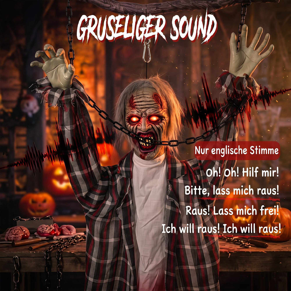 Animated Hanging Zombie Halloween Decor, 110 cm, Red LED Eyes
