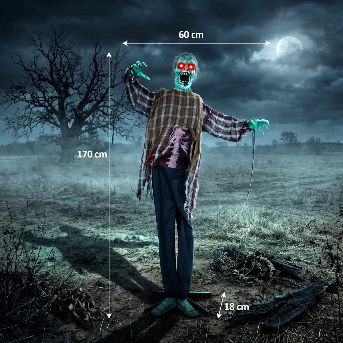 Animated Life-Size Halloween Zombie, 170 cm, Sound-Activated