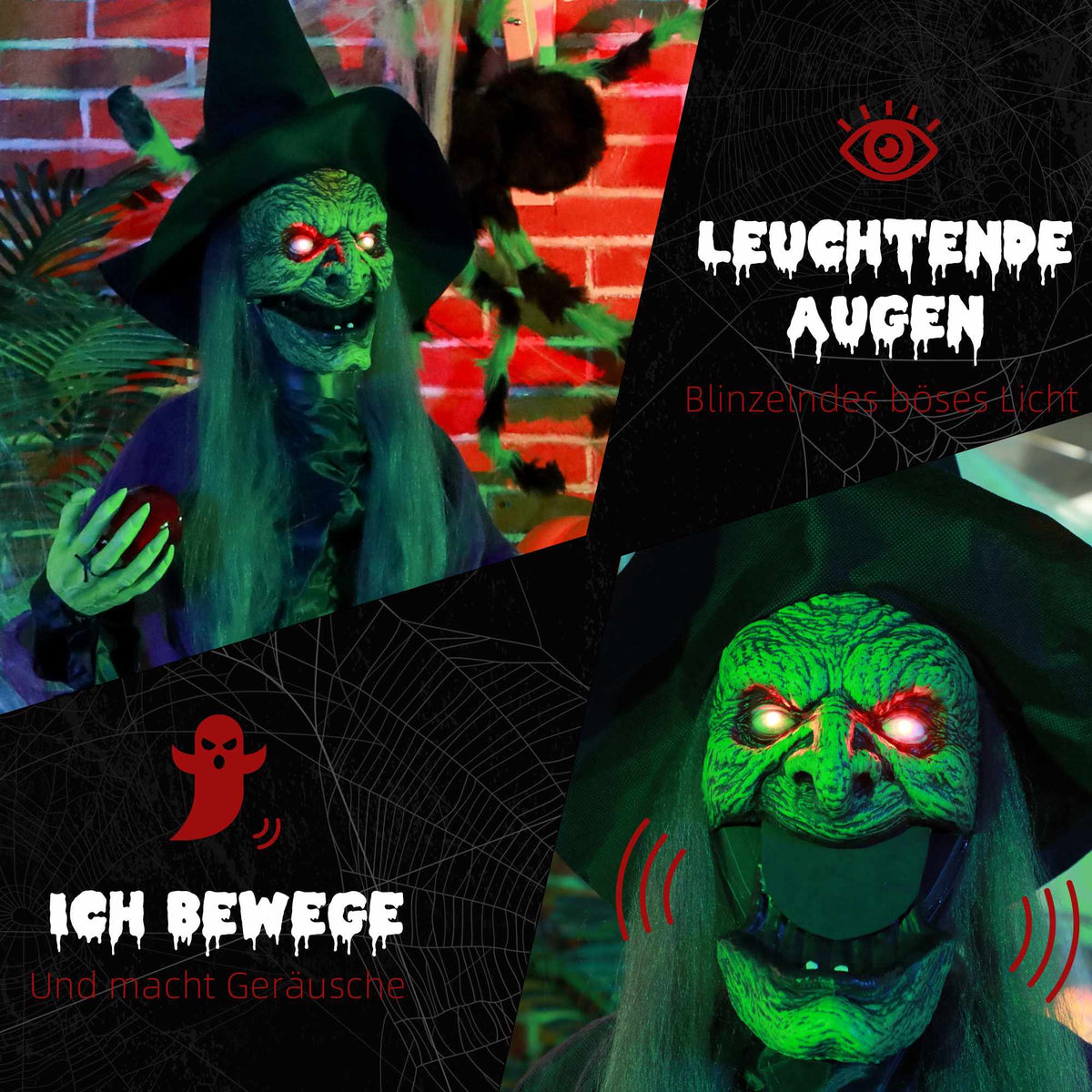 Animated Witch Halloween Decoration, 180 cm, Red Eyes