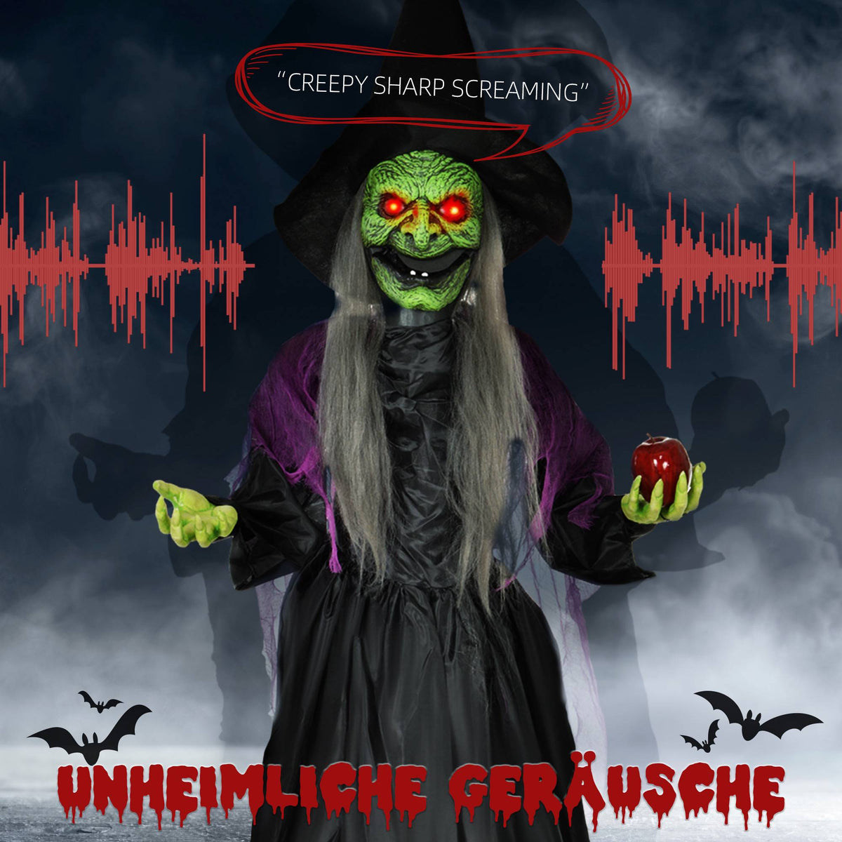 Animated Witch Halloween Decoration, 180 cm, Red Eyes