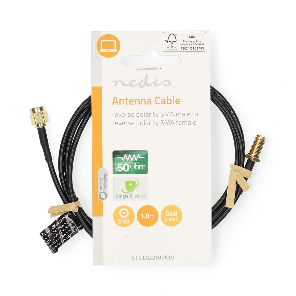 Antenna cable | RP SMA Male | RP SMA Female | Gold Plated | 50 Ohm | Single shell protection | 1.00 m | Round | PVC | Black | Label