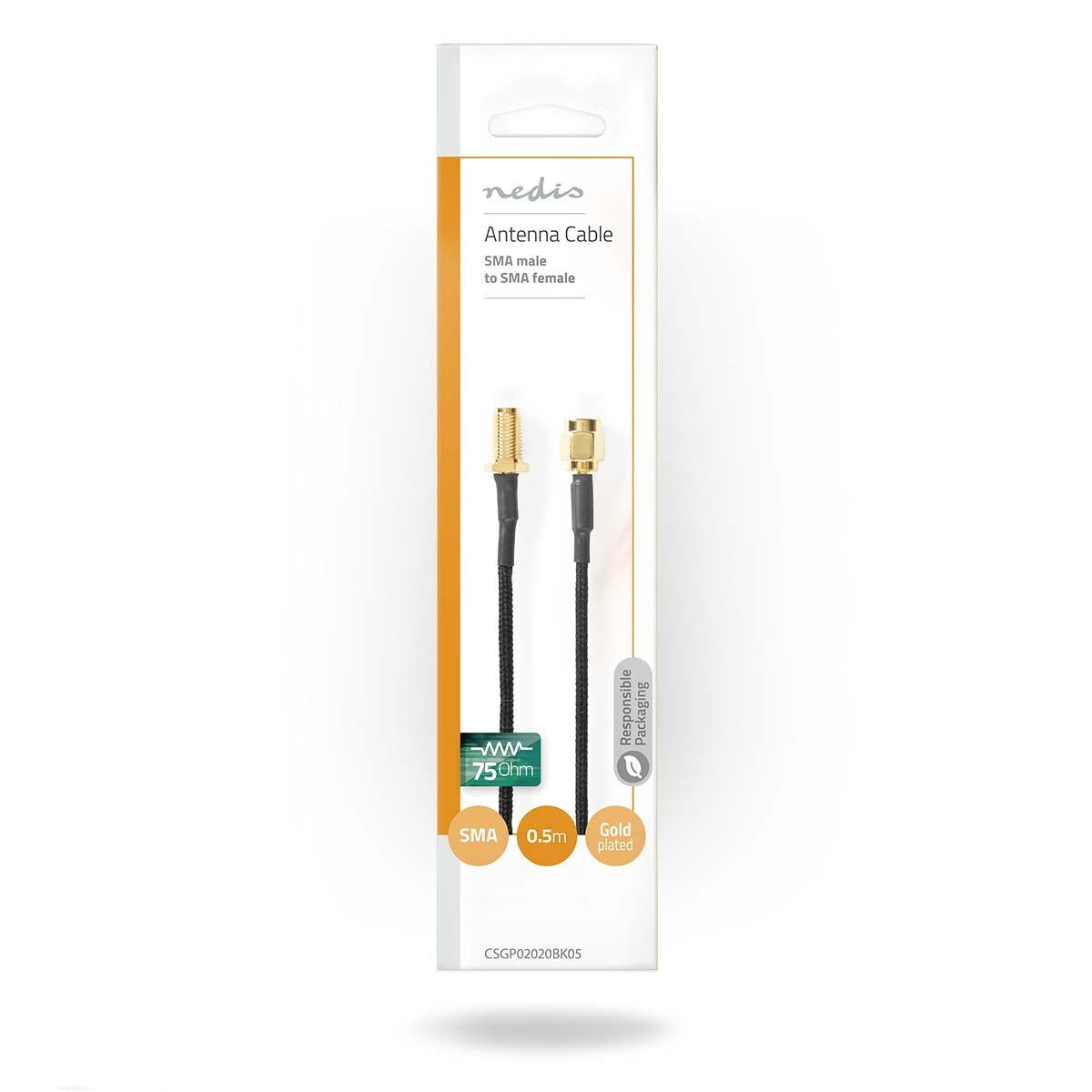 Antenna cable | SMA Female | SMA Male | Gold Plated | 50 Ohm | Single shell protection | 0.50 m | Round | Braided | Black | Plastic bag