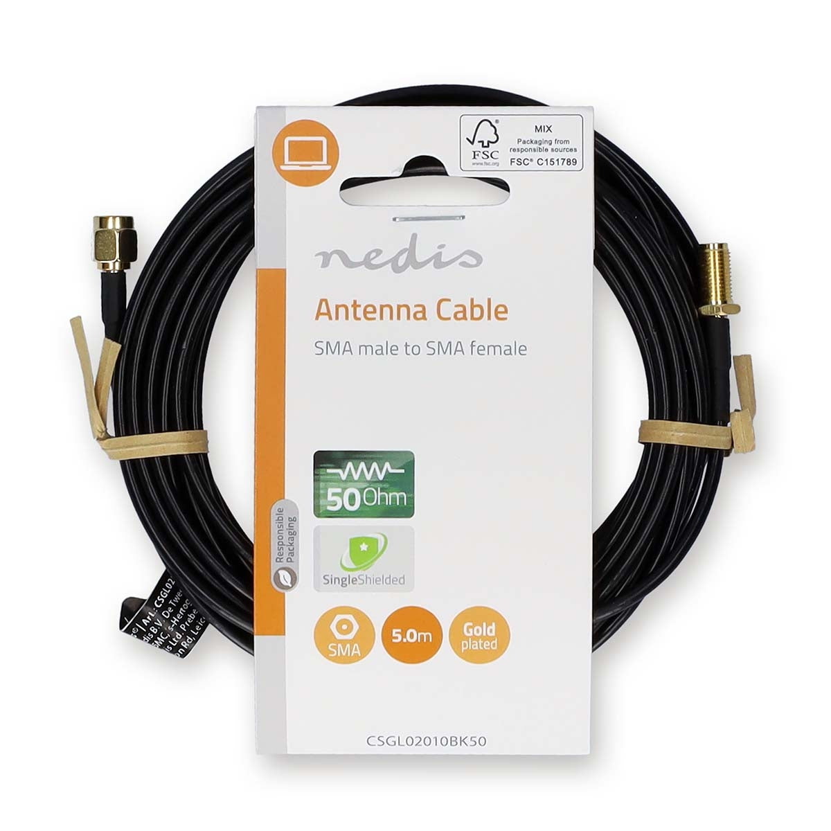 Antenna cable | SMA Male | SMA Female | Gold Plated | 50 Ohm | Single shell protection | 5.00 m | Round | PVC | Black | Label