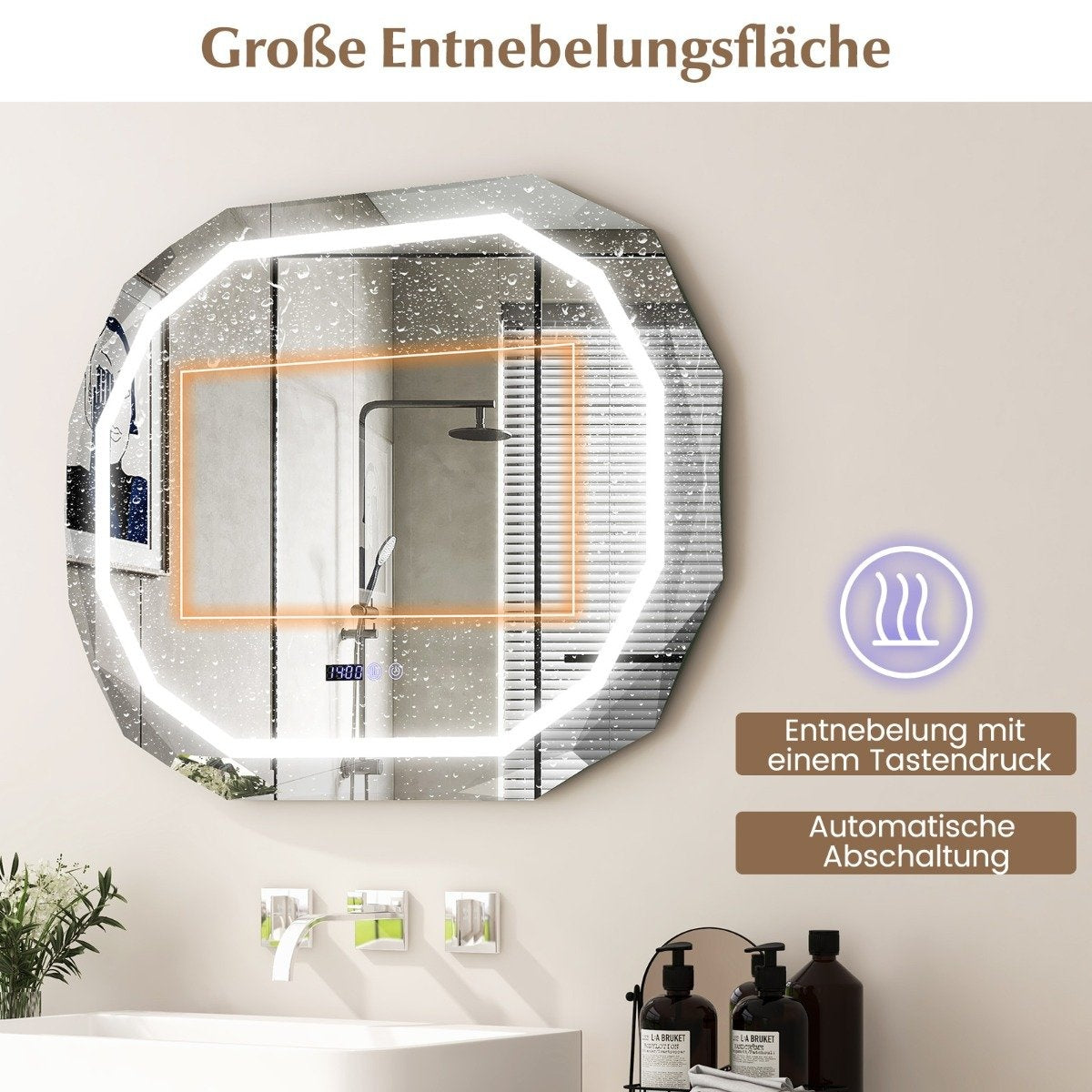 Anti-fog bathroom mirror with 3-color LED light & memory function & time & temperature reading