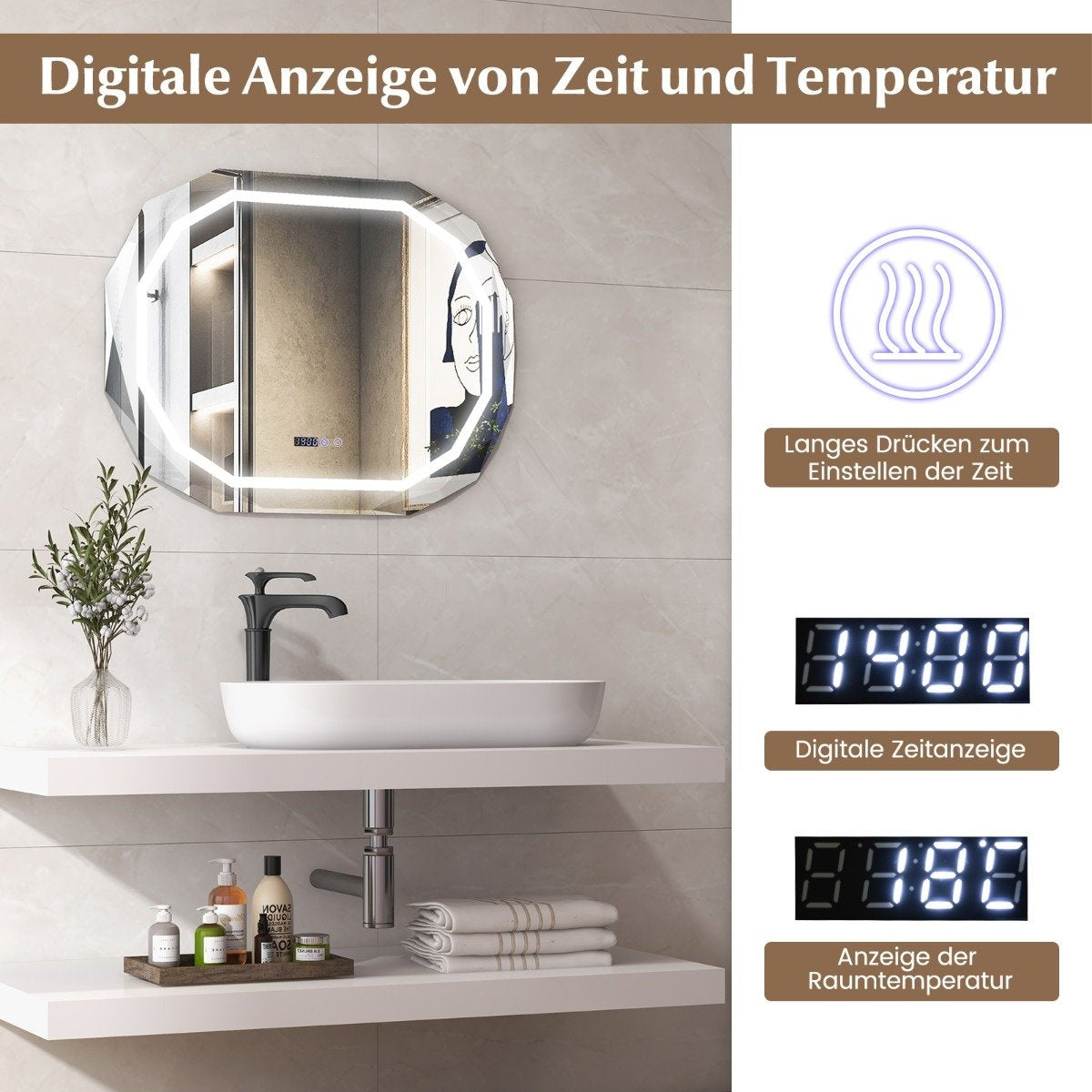 Anti-fog bathroom mirror with 3-color LED light & memory function & time & temperature reading