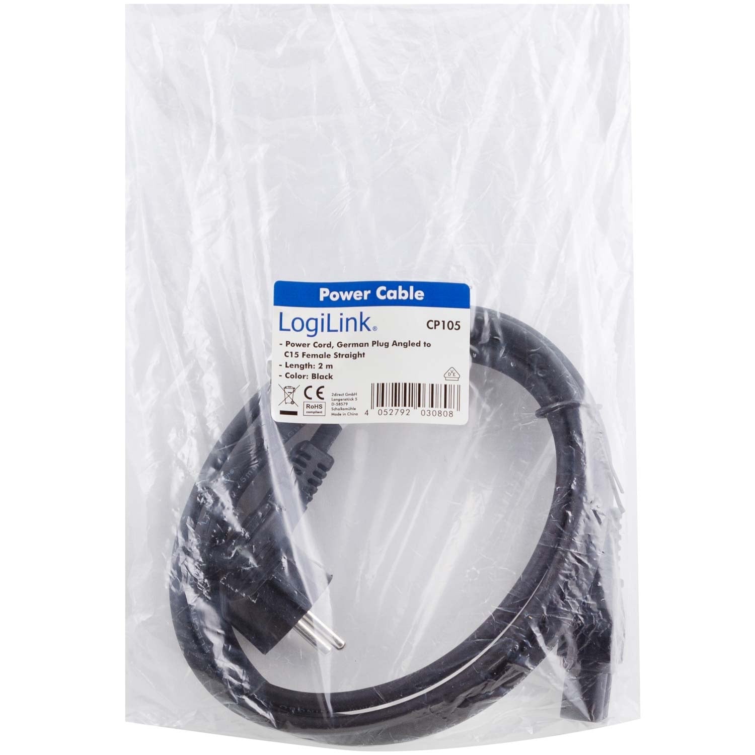 Appliance cable 90° - C15 Straight Black 2m