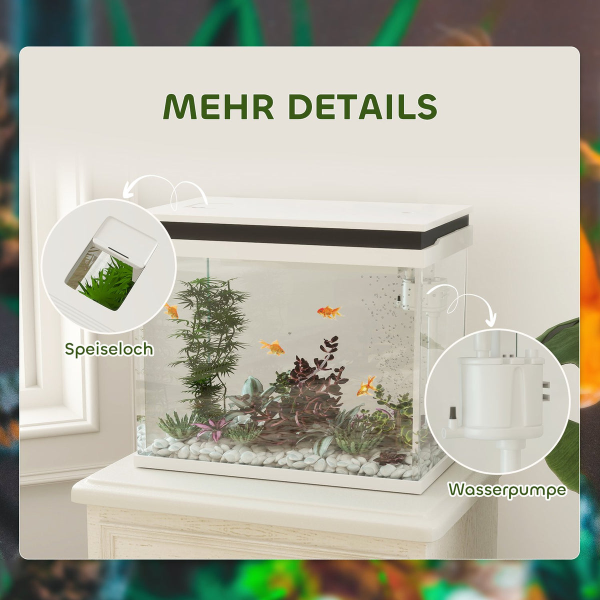 Aquarium, 41 liter glass aquarium with filter system, LED lights, water pump, compact aquarium for various fish species, white