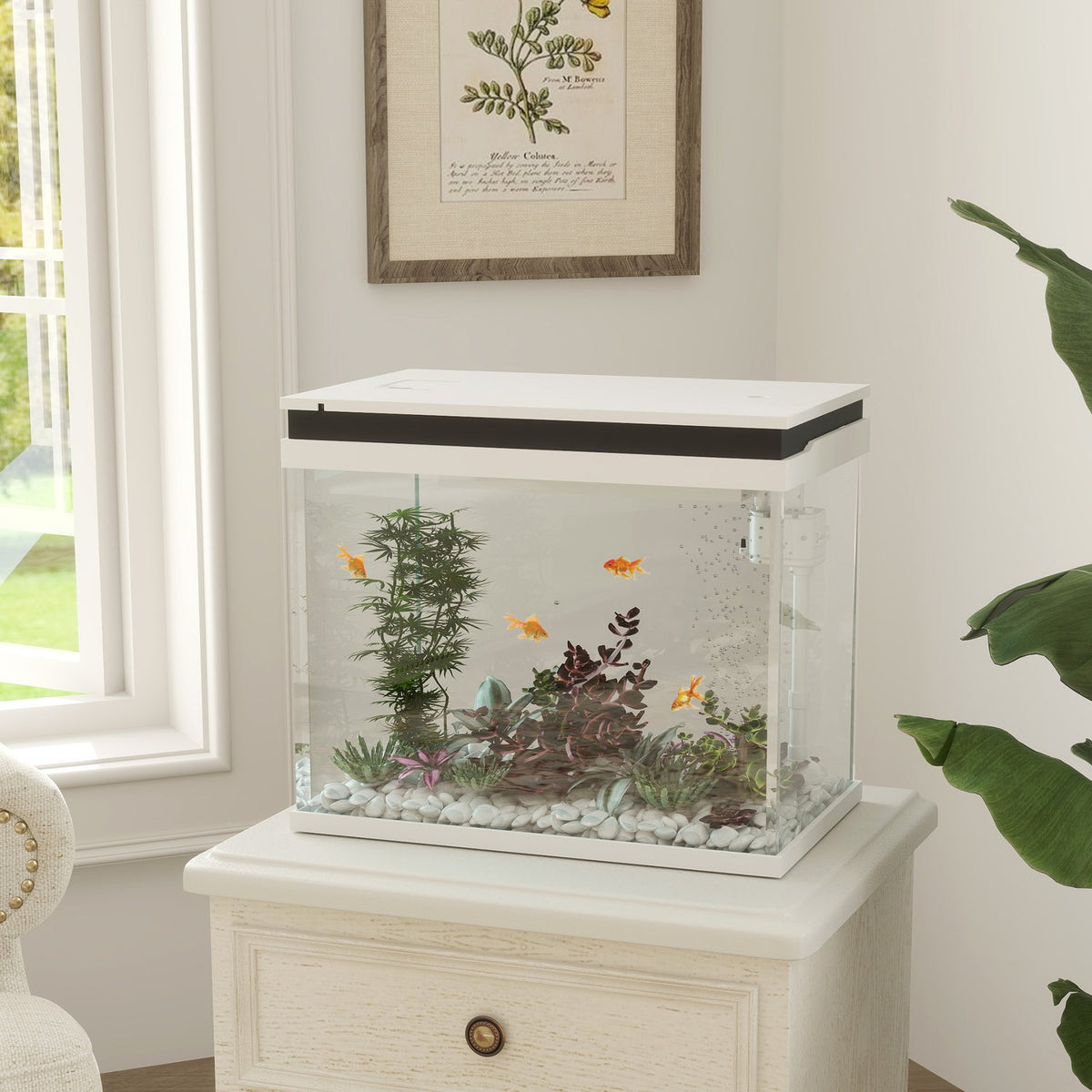 Aquarium, 41 liter glass aquarium with filter system, LED lights, water pump, compact aquarium for various fish species, white