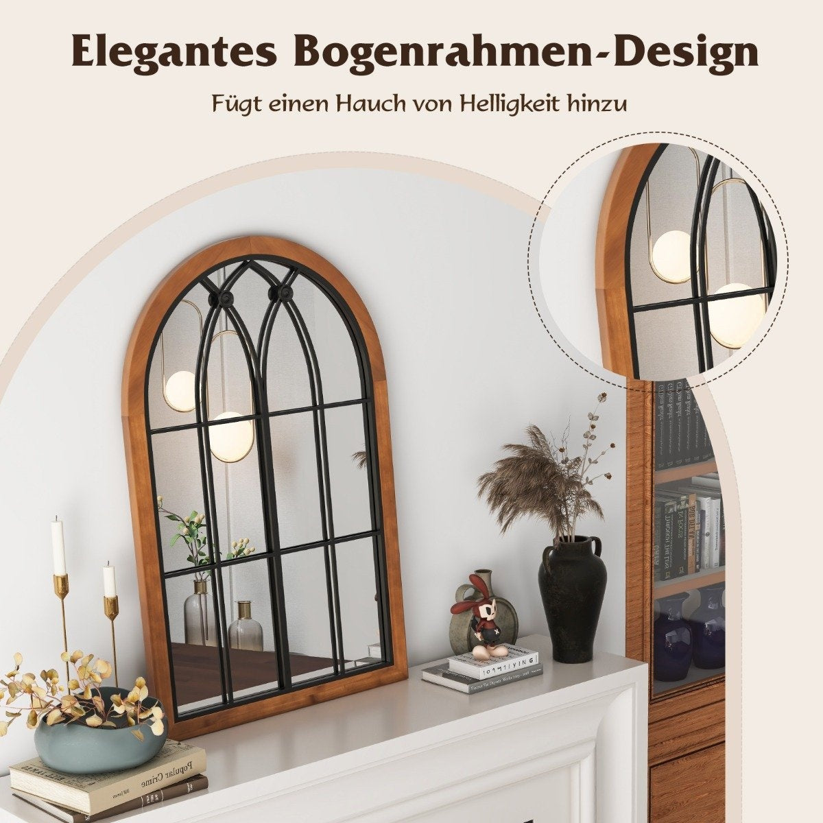 Arched Wall Mirror, Decorative Window Design, 60x90 cm