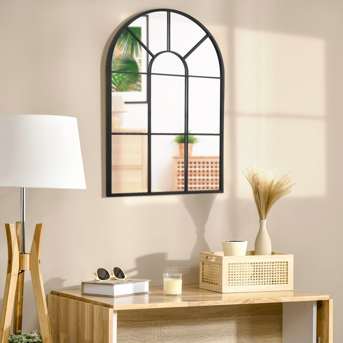 Arched Window Wall Mirror 91X60Cm Metal Frame Glass For Living Room Bedroom Dining Room Hallway Black