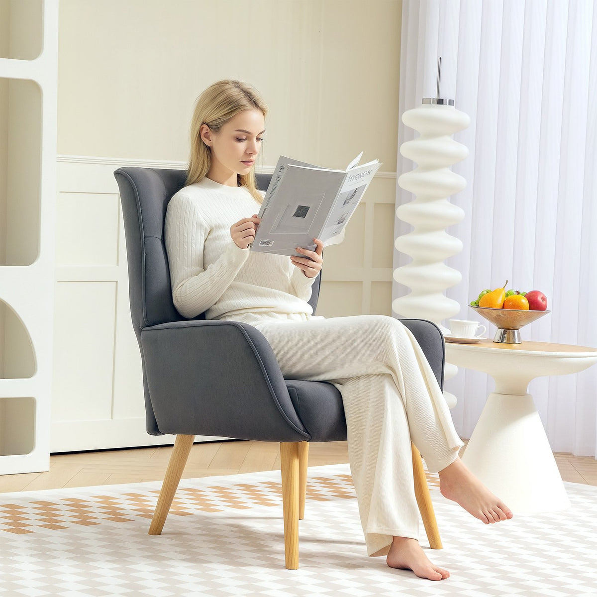 Armchair Living Room Lounge Chair Relaxation Chair with Wooden Legs Reading Chair with Velvet Look Upholstered Chair for Bedroom Gray