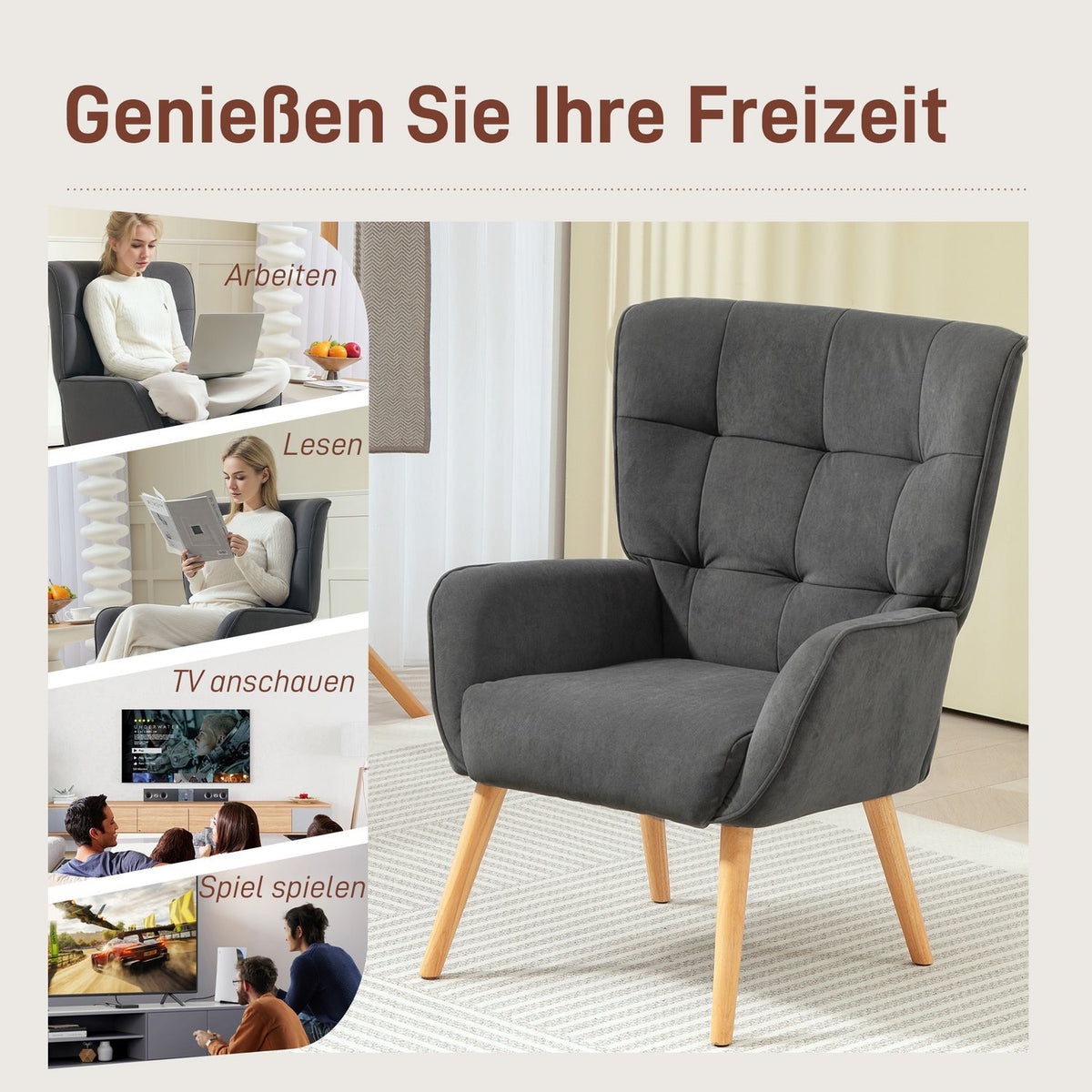 Armchair Living Room Lounge Chair Relaxation Chair with Wooden Legs Reading Chair with Velvet Look Upholstered Chair for Bedroom Gray