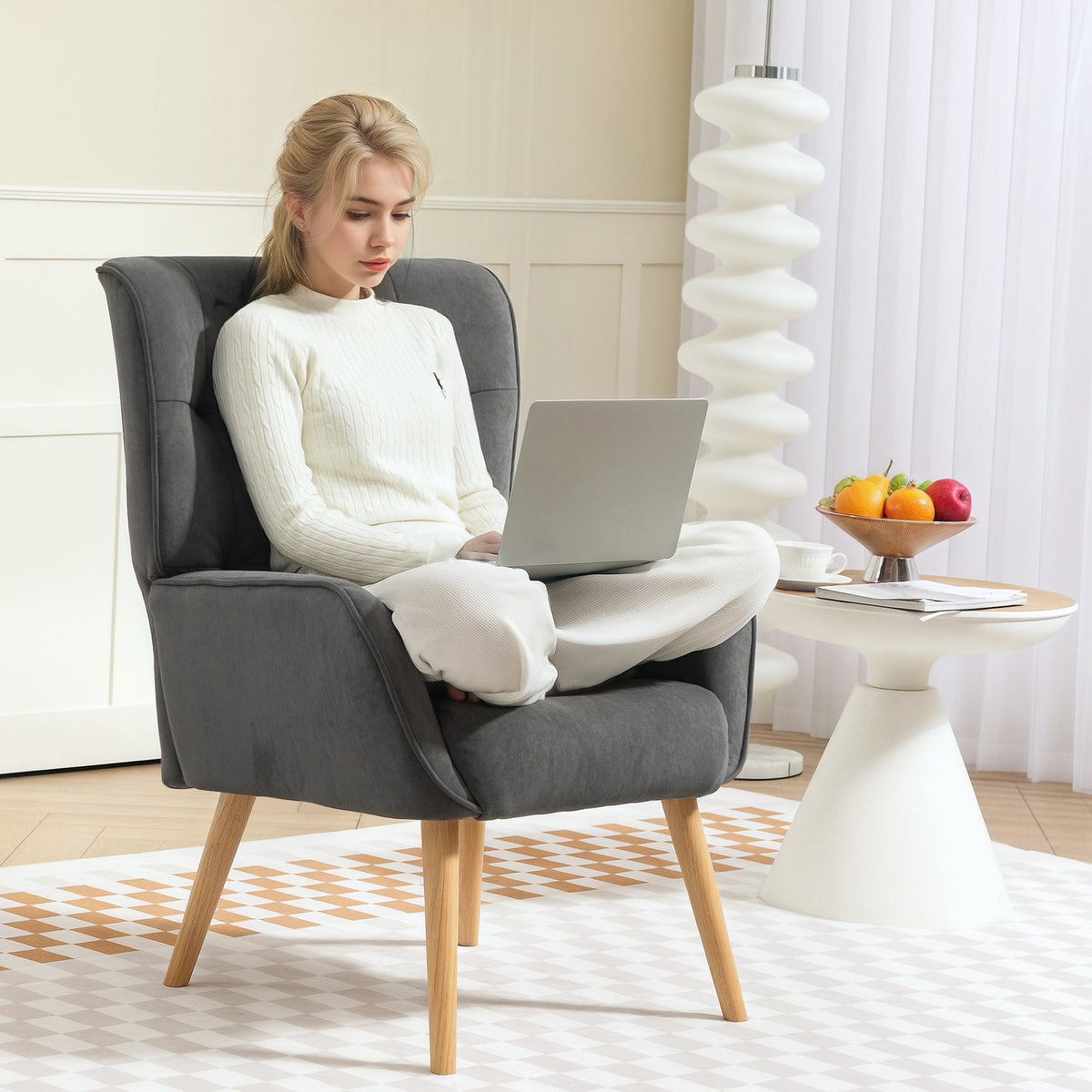 Armchair Living Room Lounge Chair Relaxation Chair with Wooden Legs Reading Chair with Velvet Look Upholstered Chair for Bedroom Gray