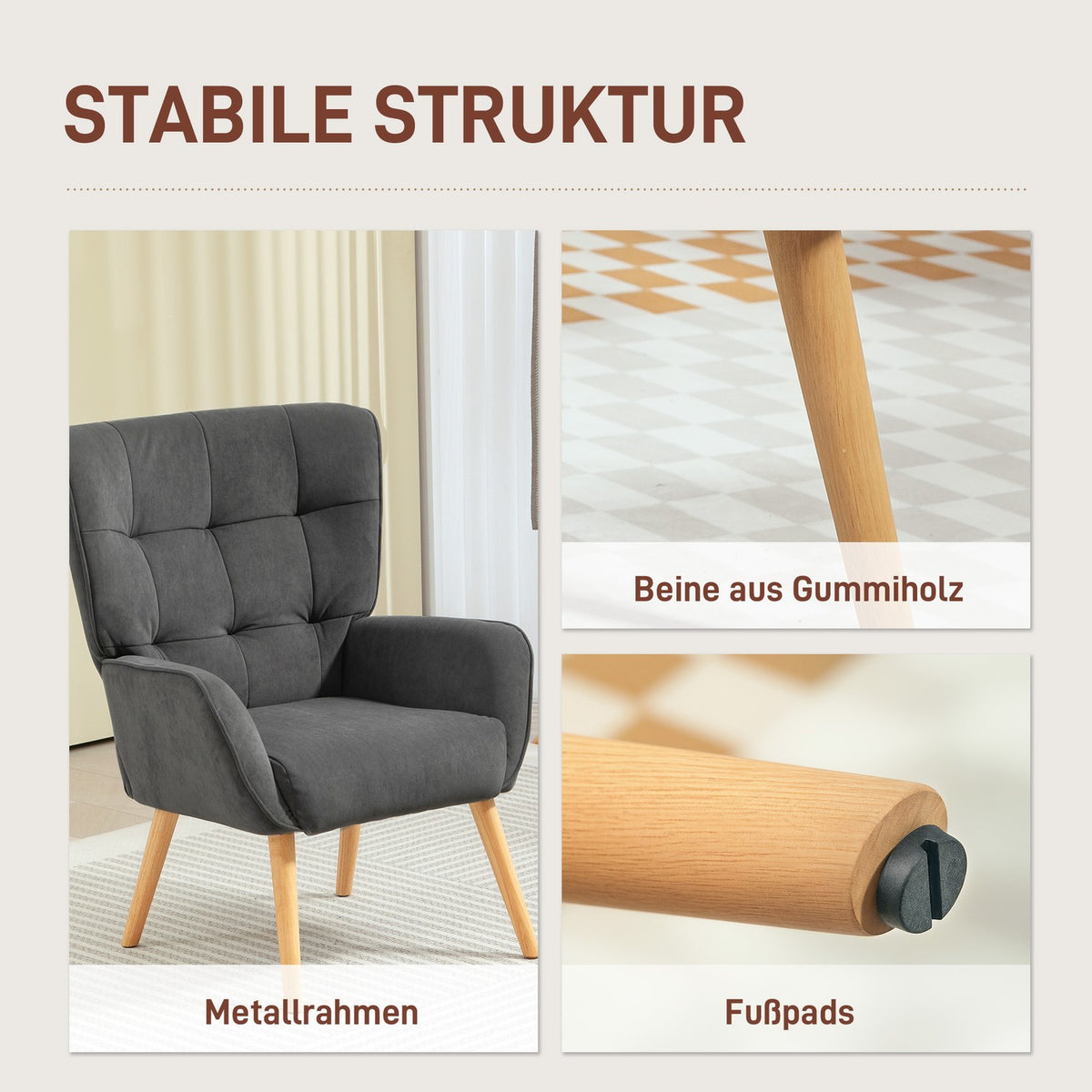 Armchair Living Room Lounge Chair Relaxation Chair with Wooden Legs Reading Chair with Velvet Look Upholstered Chair for Bedroom Gray