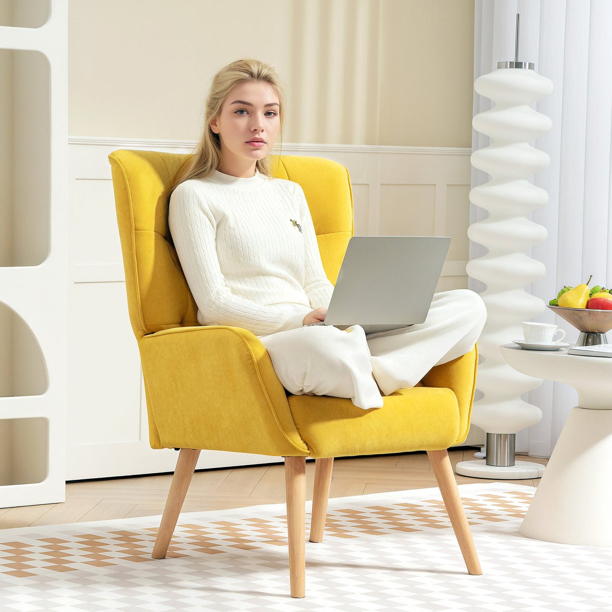Armchair Living Room Lounge Chair Relaxation Chair with Wooden Legs Reading Chair with Velvet Look Upholstered Chair for Bedroom Yellow