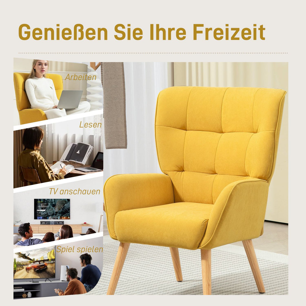 Armchair Living Room Lounge Chair Relaxation Chair with Wooden Legs Reading Chair with Velvet Look Upholstered Chair for Bedroom Yellow