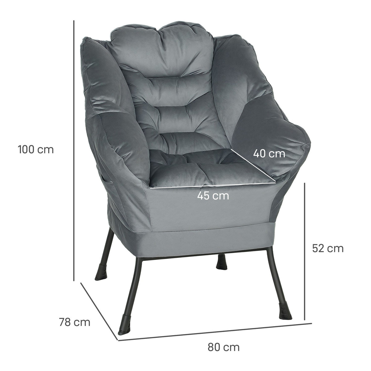 Armchair Living Room Lounge Chair Upholstered Relaxation Chair with Side Pocket Steel Legs Upholstered Chair with Velvet Look Single Chair for Bedroom Gray