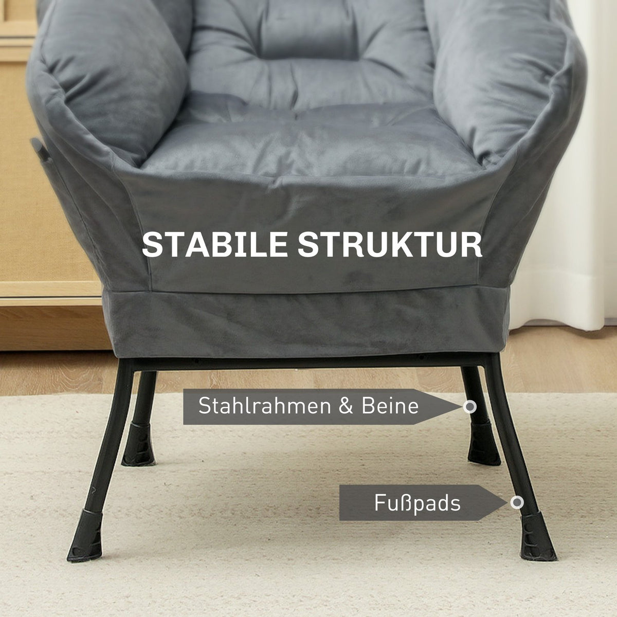 Armchair Living Room Lounge Chair Upholstered Relaxation Chair with Side Pocket Steel Legs Upholstered Chair with Velvet Look Single Chair for Bedroom Gray